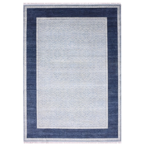Shades of Blue, Leaf All Over Pattern with A Distinct Contrasting Border Colors, Tone on Tone, Pure Wool Hand Knotted, Oriental Rug