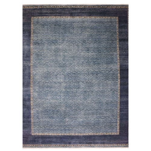 Shades of Blue, Hand Knotted Leaf All Over Pattern with A Distinct Contrasting Border Color, Tone on Tone Pure Wool, Oversized Oriental Rug