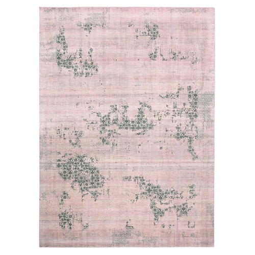 Pink and Gray, Hand Knotted Erased Persian Design, Zero Pile Pure Silk, Oriental Rug