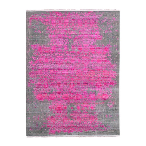 Hot Pink, Erased Persian Design, Sari Silk with Textured Wool Hand Knotted, Oriental Rug