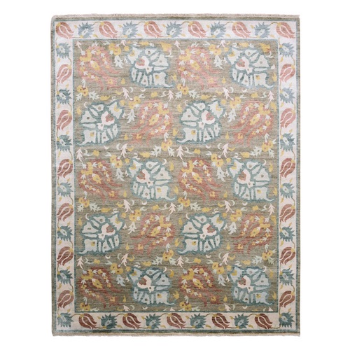 Honey Brown, Arts and Crafts Tulip Design, 100% Pure and Real Silk Hand Knotted, Oriental Rug