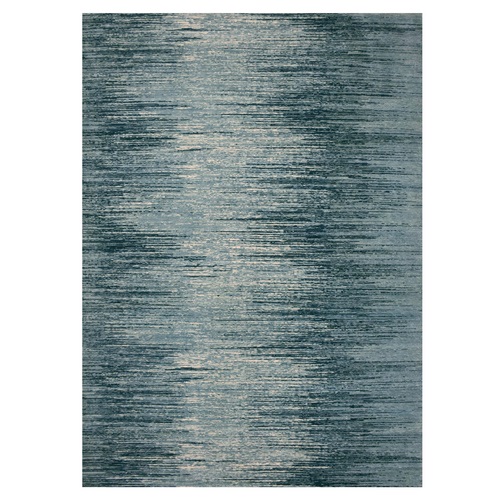 Blue with Touches of Ivory Horizontal Ombre Design, Hand Knotted Pure Wool, Oriental Rug