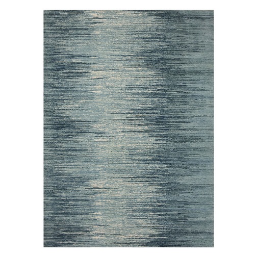 Blue with Touches of Ivory Modern Striae Design, Soft Wool, Hand Knotted Oriental Rug