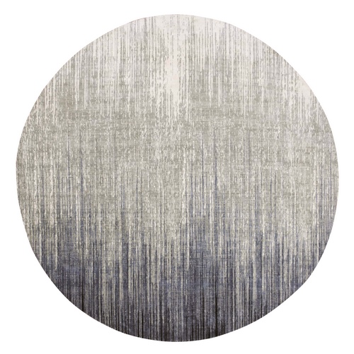 Gray and Blue, Modern Ombre Design Densely Woven, Organic Wool Hand Knotted, Round Oriental Rug
