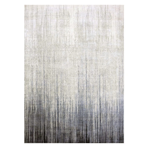 Gray and Blue, Densely Woven Pure Wool, Hand Knotted Modern Ombre Design, Oriental Rug