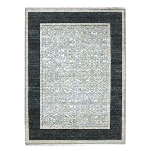 Shades of Blue, Leaf All Over Pattern with A Distinct Contrasting Border Colors, Tone on Tone, Pure Wool Hand Knotted, Oriental Rug