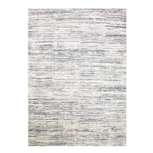Blue and Ivory, Modern Stripe Design Pure Silk with Textured Wool Hand Knotted Tone on Tone, Oriental Rug