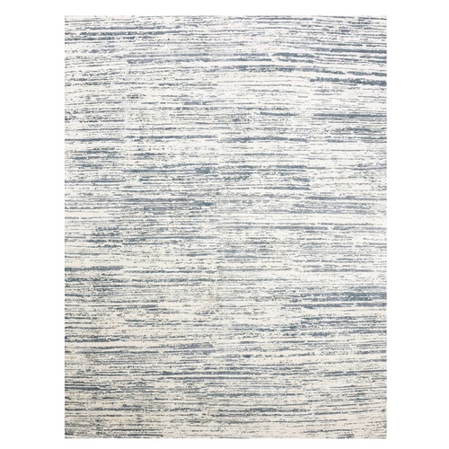 Blue and Ivory, Modern Stripe Design Pure Silk with Textured Wool Tone on Tone, Hand Knotted, Oriental Rug