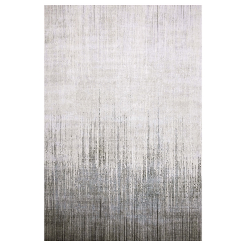 Charcoal Gray, Pure Silk with Textured Wool Hand Knotted, Modern Vertical Ombre Design, Oversized Oriental 