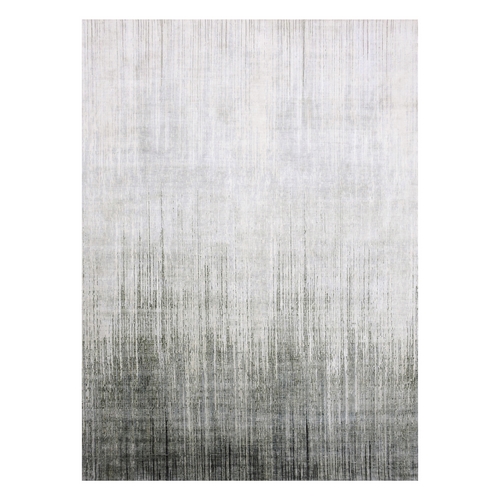 Charcoal Gray, Vertical Ombre Design Pure Silk with Textured Wool Hand Knotted Oriental Rug