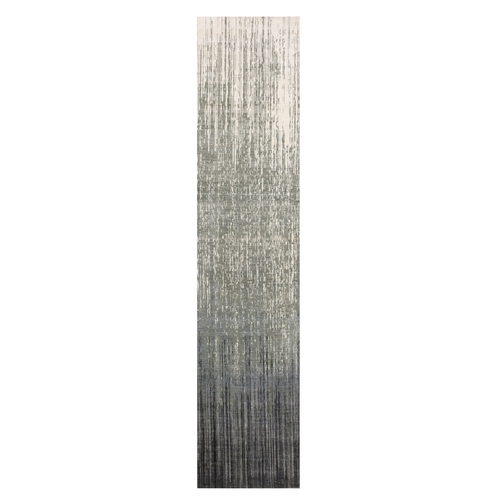 Gray and Blue, Modern Ombre Design Densely Woven, Soft Wool Hand Knotted, Runner Oriental Rug