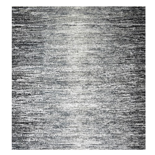 Black with Touches of Gray, Hand Knotted Striae Design, Wool and Pure Silk, Square Oriental Rug