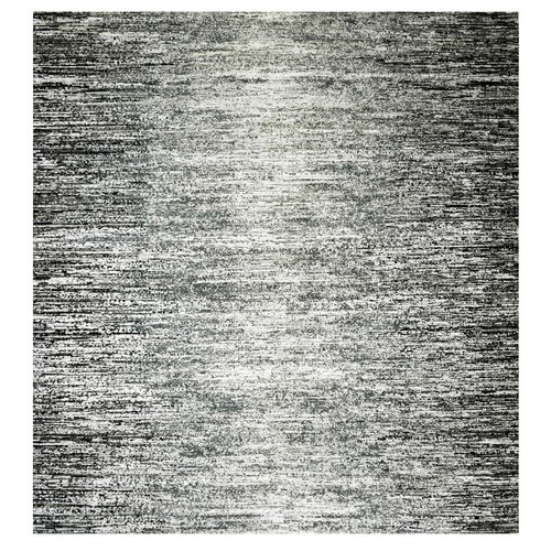 Black with Touches of Gray, Wool and Pure Silk Hand Knotted, Striae Design, Square Oriental Rug