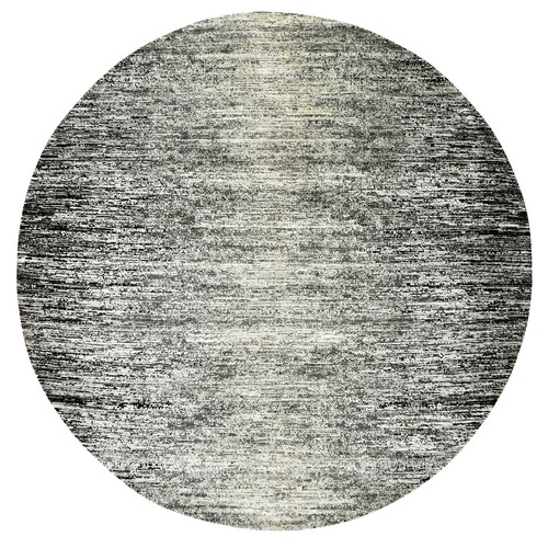Black with Touches of Gray, Striae Design, Wool and Pure Silk Hand Knotted, Round Oriental Rug