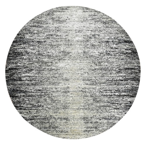 Black with Touches of Gray, Striae Design, Wool and Pure Silk Hand Knotted, Round Oriental Rug