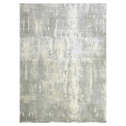 Ash Gray, Modern Abstract Design with Soft Colors, Wool and Pure Silk Hand Knotted, Oriental Rug