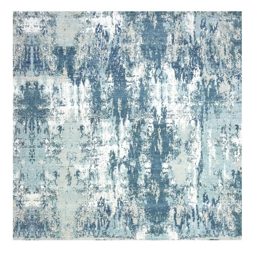 Oceanic Blue, Abstract Design Hi-Low Pile, Pure Silk and Wool Hand Knotted, Square Oriental 