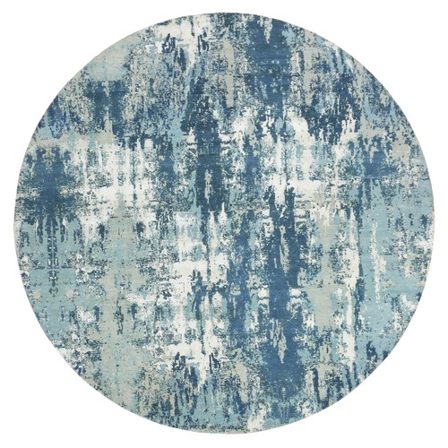 Oceanic Blue, Hand Knotted Abstract Design, Hi-Low Pile Pure Silk and Wool, Round Oriental Rug