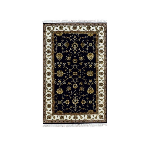 Black, Wool and Silk, Hand Knotted, Rajasthan, All Over Leaf Design, Thick and Plush, Oriental Rug