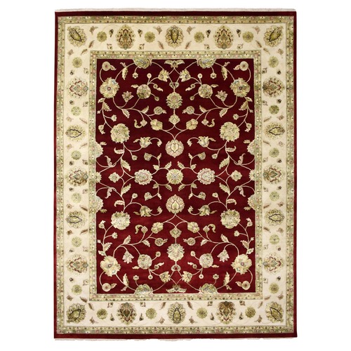Burgundy Red, Hand Knotted Rajasthan All Over Leaf Design, Thick and Plush Wool and Silk, Oriental Rug