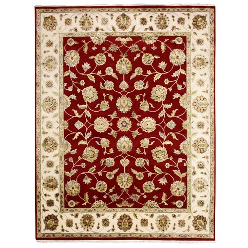 Burgundy Red, Thick and Plush Wool and Silk, Hand Knotted Rajasthan All Over Leaf Design, Oriental Rug