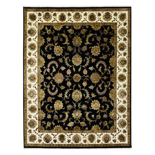 Midnight Black Wool and Silk Hand Knotted, Rajasthan Design Thick and Plush, Oriental 