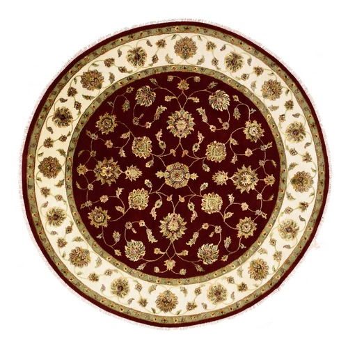 Burgundy Red, Wool and Silk Hand Knotted, Rajasthan All Over Leaf Design Thick and Plush, Round Oriental Rug