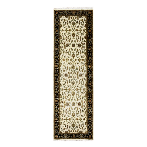 Ivory, Hand Knotted Rajasthan with All Over Design, Thick and Plush Wool and Silk, Runner Oriental Rug