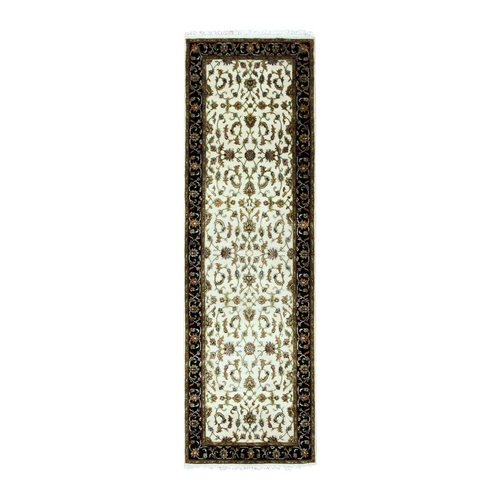 Ivory, Wool and Silk Hand Knotted, Rajasthan with All Over Design Thick and Plush, Runner Oriental Rug