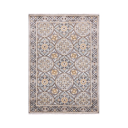 Taupe-Brown Mughal Inspired Medallions Design Textured Wool and Silk Hand-Knotted Oriental Rug