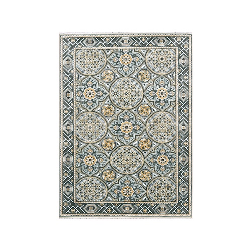 Taupe-Brown Textured Wool and Silk Mughal Inspired Medallions Design Hand-Knotted Oriental Rug