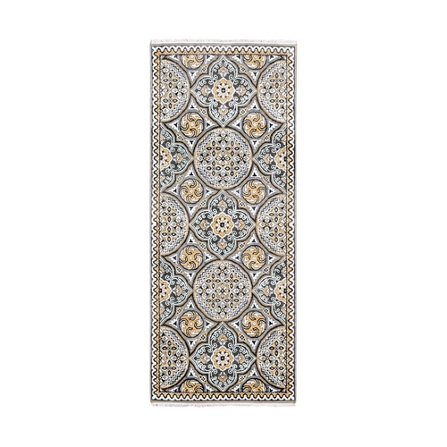 Taupe-Brown Textured Wool and Silk Mughal Inspired Medallions Design Hand-Knotted Runner Oriental Rug