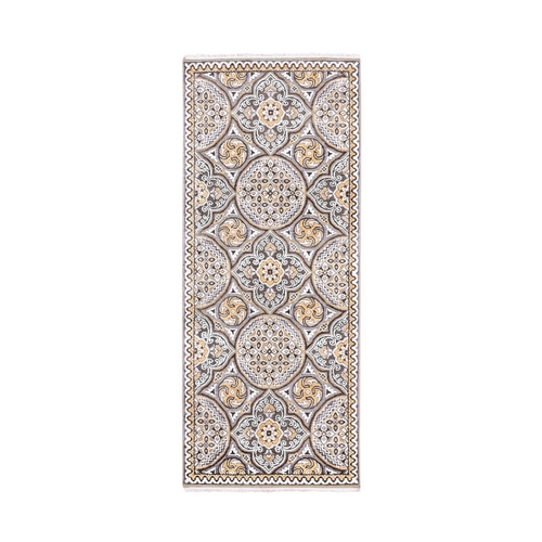 Taupe-Brown Textured Wool and Silk Mughal Inspired Medallions Design Hand-Knotted Runner Oriental Rug