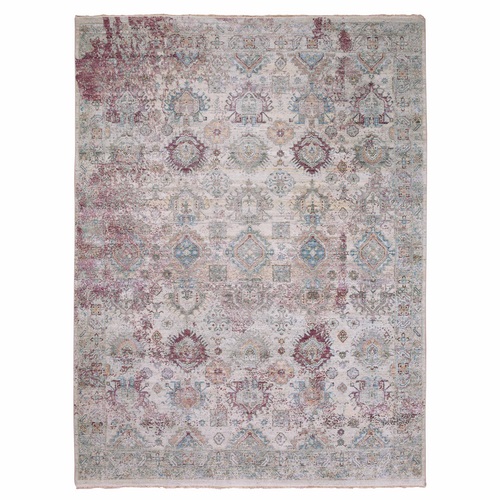 Stone Washed, Hand Knotted Caucasian Gul Motifs, Zero Pile with Distinct Abrash, Distressed and Sheared Down Pure Wool, Oriental Rug