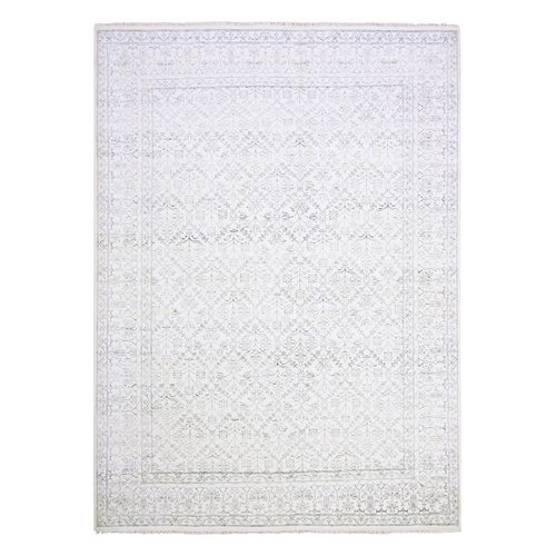 Ivory, Hand Knotted 100% Cotton, Agra with Mughal Flower Bouquet Trellis Design, Oriental Rug