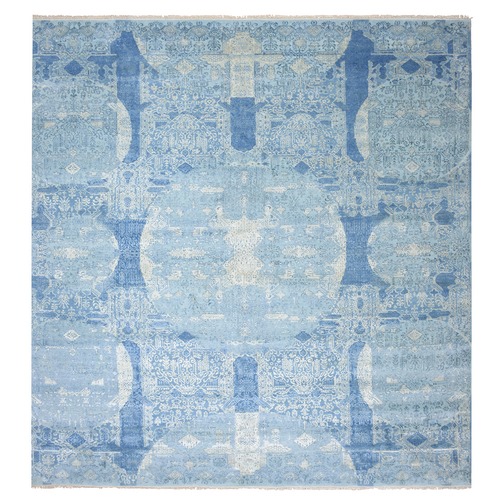 Sky Blue, Jewellery Design with Soft Colors, Wool and Pure Silk Hand Knotted, Square Oriental Rug