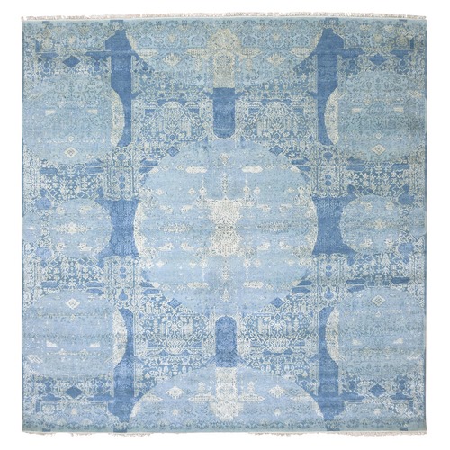 Sky Blue, Hand Knotted Jewellery Design with Soft Colors, Wool and Pure Silk, Square Oriental Rug