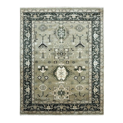 Taupe Green, Karajeh Design, Soft and Pure Wool Hand Knotted, Oriental Rug