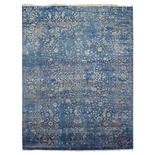 Aegean Blue, Broken Erased Persian Heriz Design, Wool and Silk Hand Knotted, Oriental 
