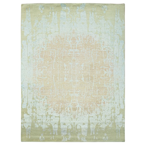 Tan Color, Modern Abstract Large Center Design Tone On Tone, Wool and Silk Hand Knotted, Oriental Rug