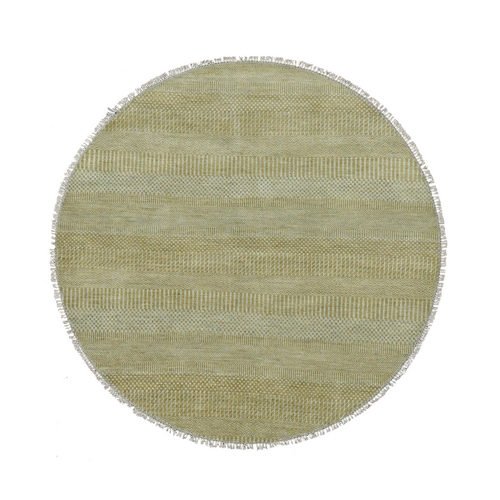 Olive Green, Wool and Silk Hand Knotted, Grass Design Dense Weave, Tone on Tone Soft Pile, Round Oriental 