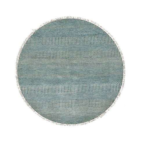 Yale Blue, Wool and Silk Hand Knotted, Grass Design Densely Woven, Tone on Tone Soft to the Touch, Round Oriental 