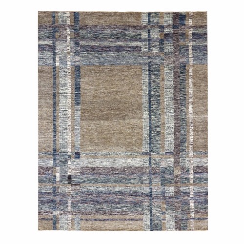 Almond Brown, Modern Geometric Opened Up Plaid Design, 100% Wool Hand Knotted, Oriental Rug
