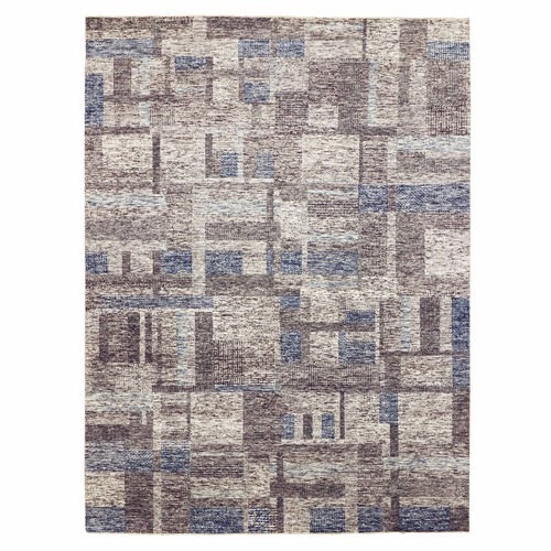 Cloud Gray, 100% Wool Hand Knotted, Geometric Opened Up Plaid Design, Oriental Rug