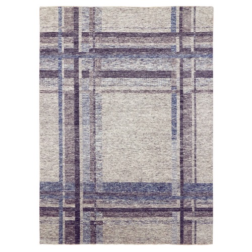 Cloud Gray, Geometric Opened Up Plaid Design, 100% Wool Hand Knotted, Oriental Rug