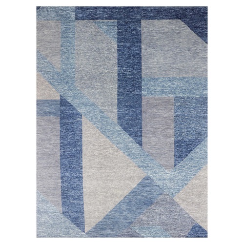 Beau Blue, Soft to the Touch Soft Wool, Hand Knotted Geometric Art Nouveau Collection, Oriental Rug