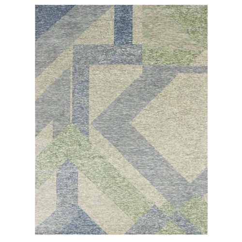 Camouflage Green, Geometric Art Deco Collection, Pure Wool Hand Knotted, Oriental Rug