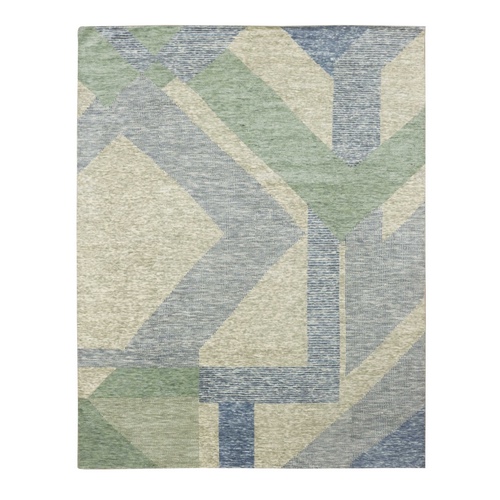 Camouflage Green, Geometric Art Deco Collection, Soft Wool Hand Knotted, Oriental Rug