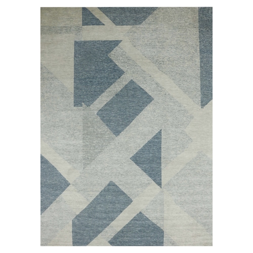 Stone Blue, 100% Wool Hand Knotted, Geometric Art Deco Collection, Oriental Rug