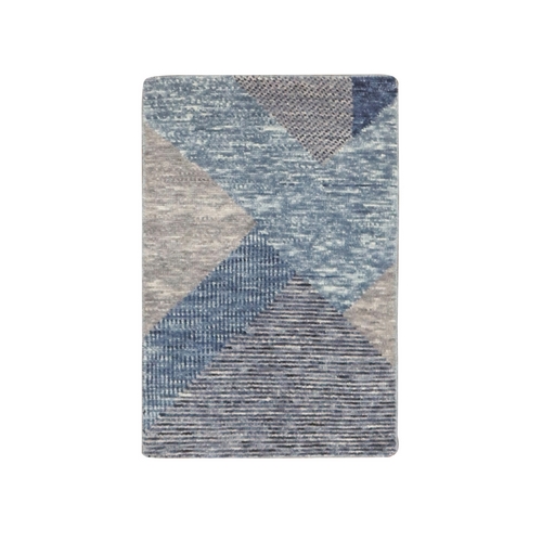 Beau Blue, Geometric Art Deco Collection Soft to the Touch, Natural Wool Hand Knotted, Mat Oriental Rug
